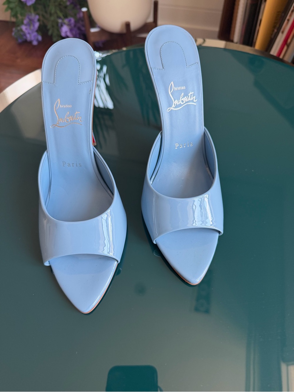 Christian Louboutin Light Blue Patent Leather Slide Mules with Red Heel - Picture 5 of 8